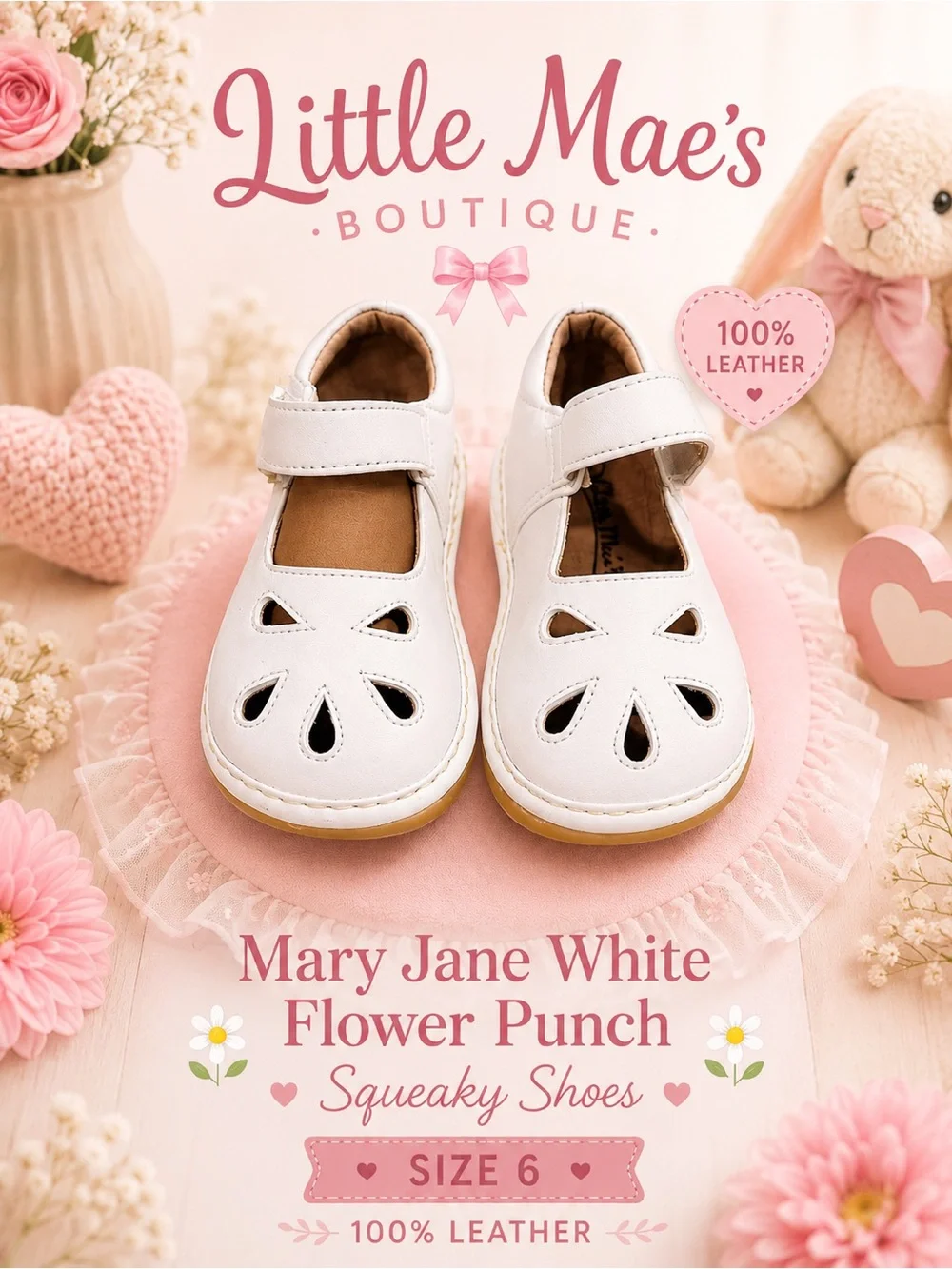 Little Mae’s Boutique Mary Jane White Flower Toddler Size 6 | 100% Leather | NWT